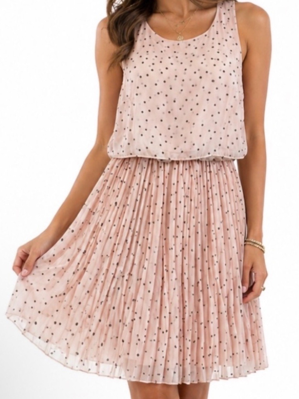 LC Lauren Conrad Blush Pink Polka Dot Pleated Midi Dress